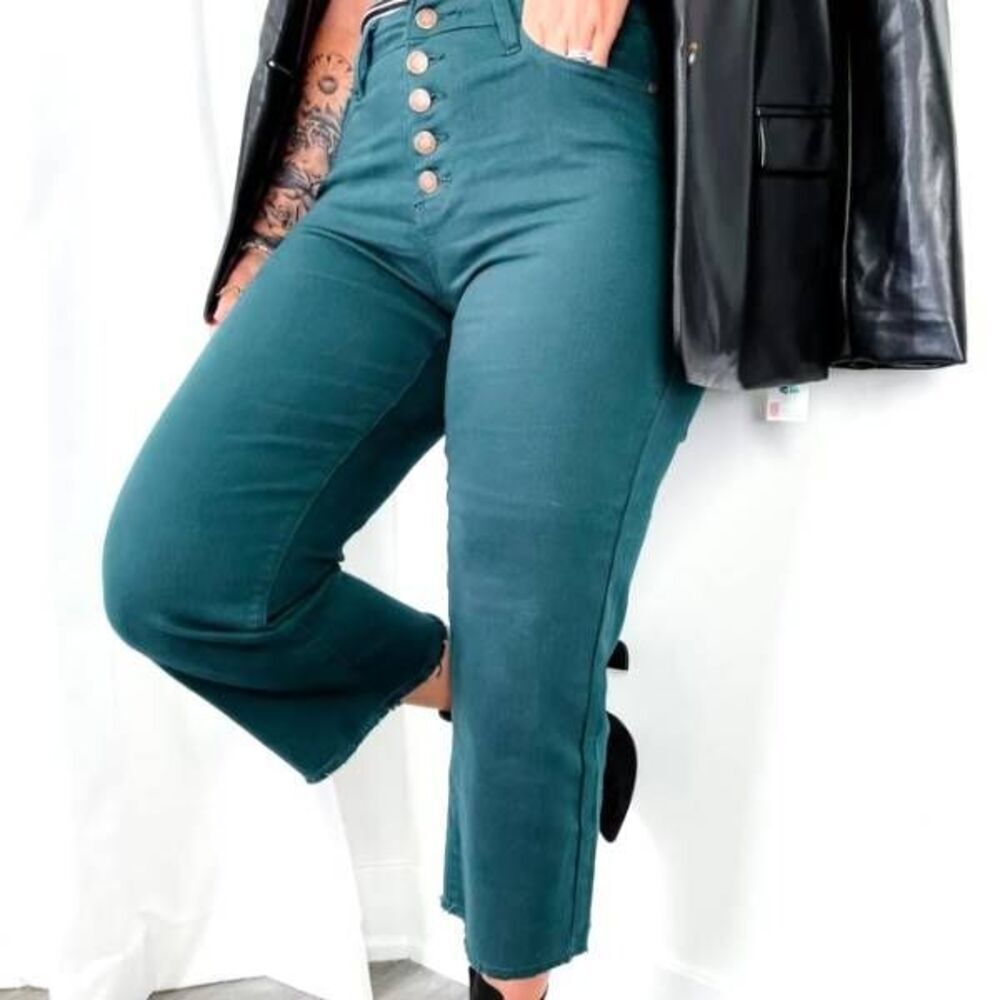 Judy Blue Teal High-Rise Button-Fly Cropped Jeans